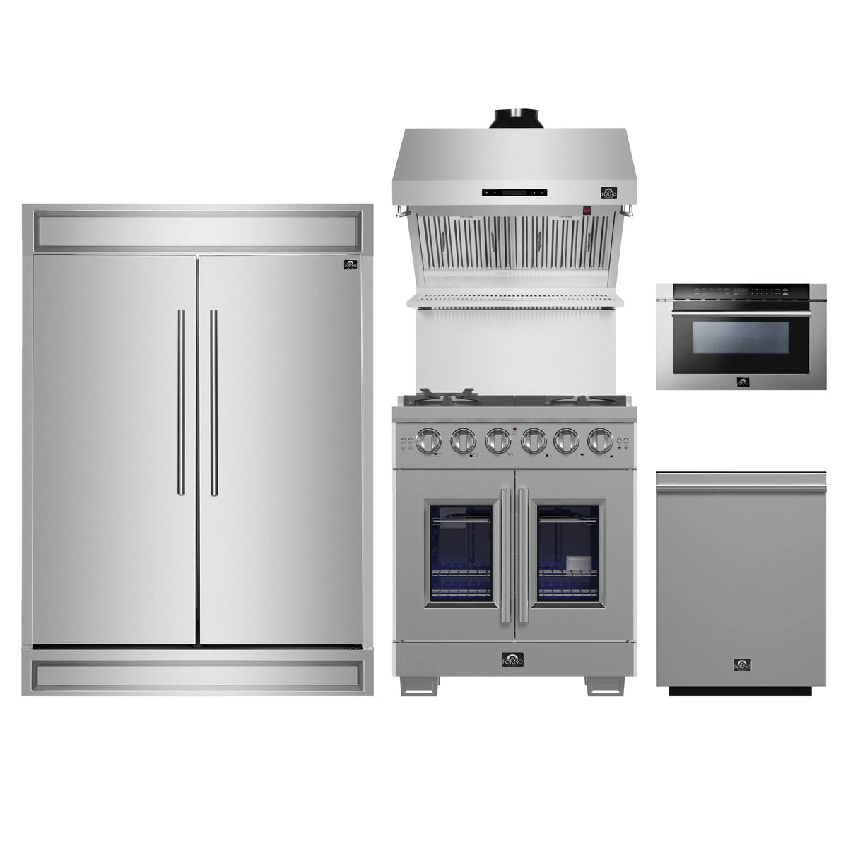 Forno 5-Piece Pro Appliance Package - 30-Inch Gas Range, 60-Inch Pro-Style Refrigerator, Wall Mount Hood with Backsplash, 24-Inch Microwave Drawer, & 3-Rack Dishwasher in Stainless Steel