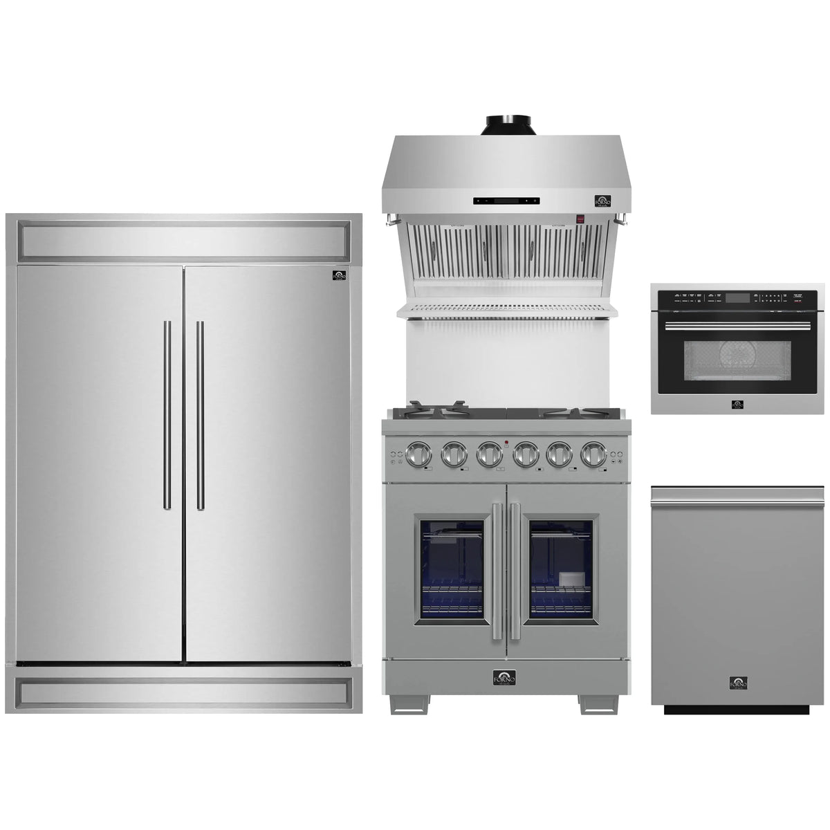 Forno 5-Piece Pro Appliance Package - 30-Inch Gas Range, 60-Inch Pro-Style Refrigerator, Wall Mount Hood with Backsplash, 24-Inch Microwave Oven, & 3-Rack Dishwasher in Stainless Steel