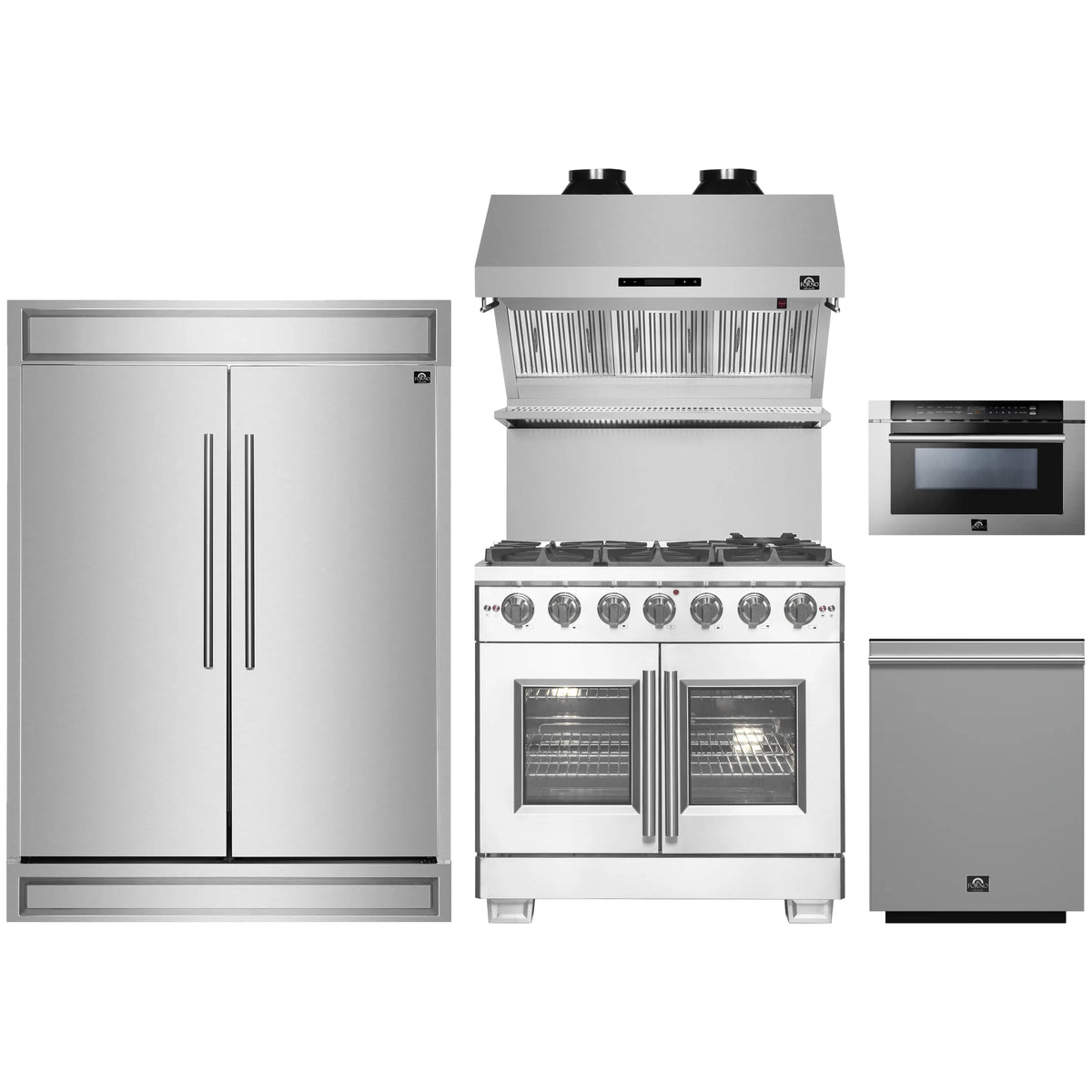 Forno 5-Piece Pro Appliance Package - 36-Inch Gas Range, 60-Inch Pro-Style Refrigerator, Wall Mount Hood with Backsplash, 24-Inch Microwave Drawer, & 3-Rack Dishwasher in Stainless Steel