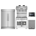 Forno 5-Piece Pro Appliance Package - 36-Inch Capriasca French Door Gas Range, 60-Inch Pro-Style Refrigerator, Wall Mount Hood with Backsplash, 24-Inch Microwave Drawer, & 3-Rack Dishwasher in Stainless Steel