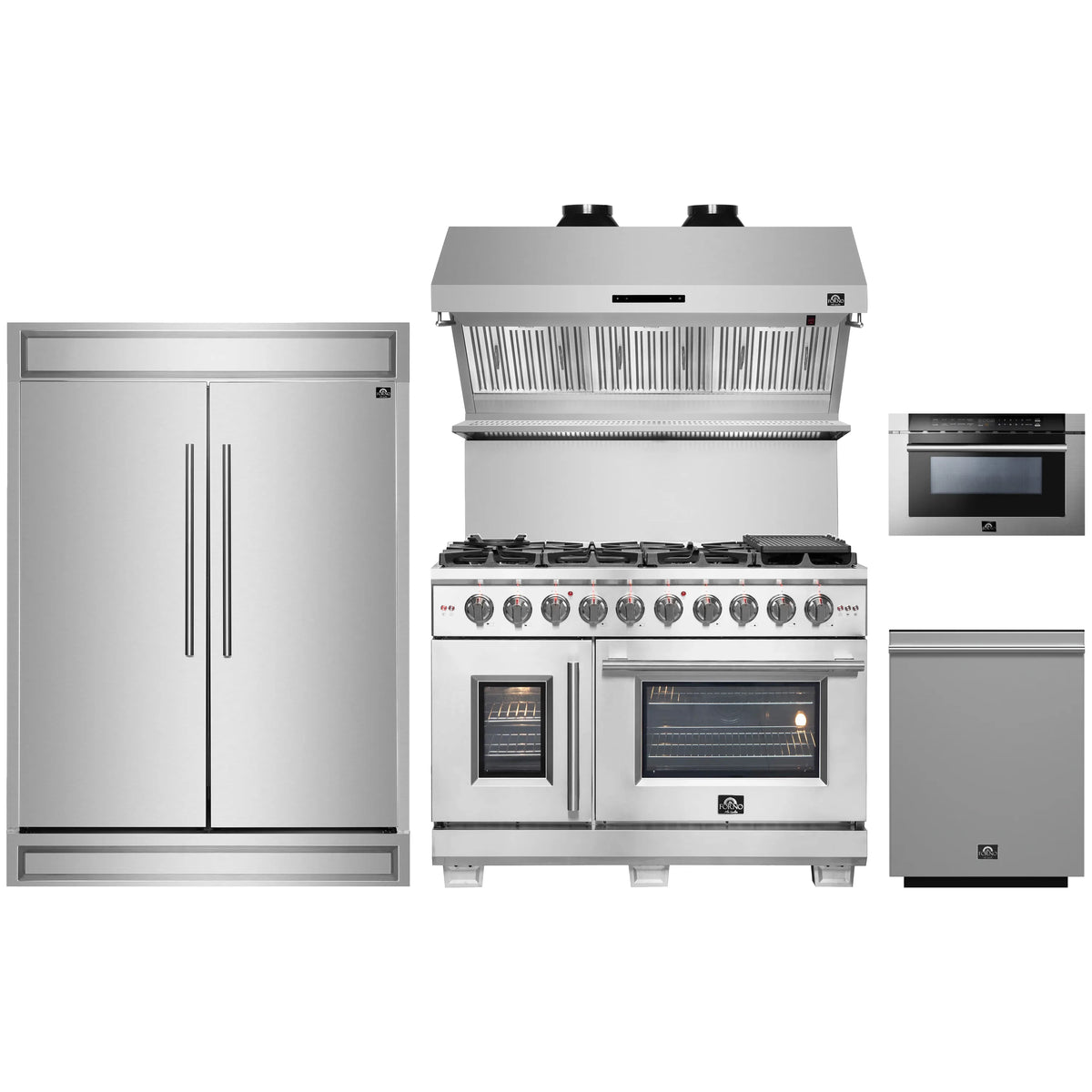 Forno 5-Piece Pro Appliance Package - 48-Inch Gas Range, 60-Inch Pro-Style Refrigerator, Wall Mount Hood with Backsplash, 24-Inch Microwave Drawer, & 3-Rack Dishwasher in Stainless Steel