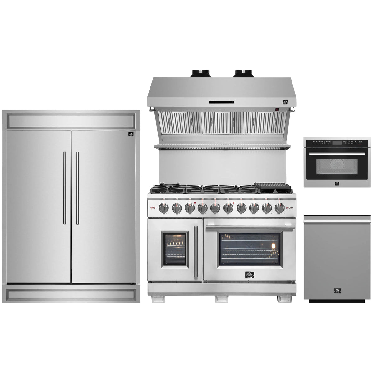 Forno 5-Piece Pro Appliance Package - 48-Inch Gas Range, 60-Inch Pro-Style Refrigerator, Wall Mount Hood with Backsplash, 24-Inch Microwave Oven, & 3-Rack Dishwasher in Stainless Steel