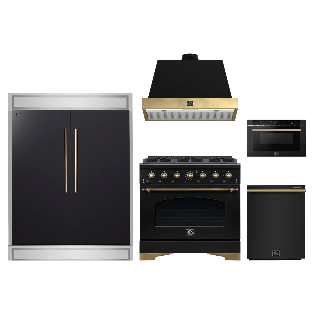 Forno 5-Piece Appliance Package - 36-Inch Dual Fuel Range, Wall Mount Range Hood, 60-Inch Convertible Refrigerator with Modern Trim, Dishwasher, and 24-Inch Microwave Drawer in Black with Antique Brass Trim