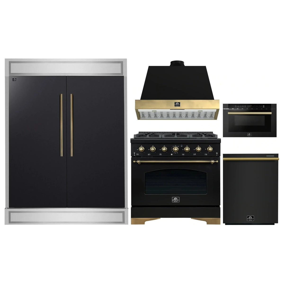 Forno 5-Piece Appliance Package - 36-Inch Dual Fuel Range, Wall Mount Range Hood, 60-Inch Convertible Refrigerator with Modern Trim, Dishwasher, and 24-Inch Microwave Drawer in Black with Antique Brass Trim