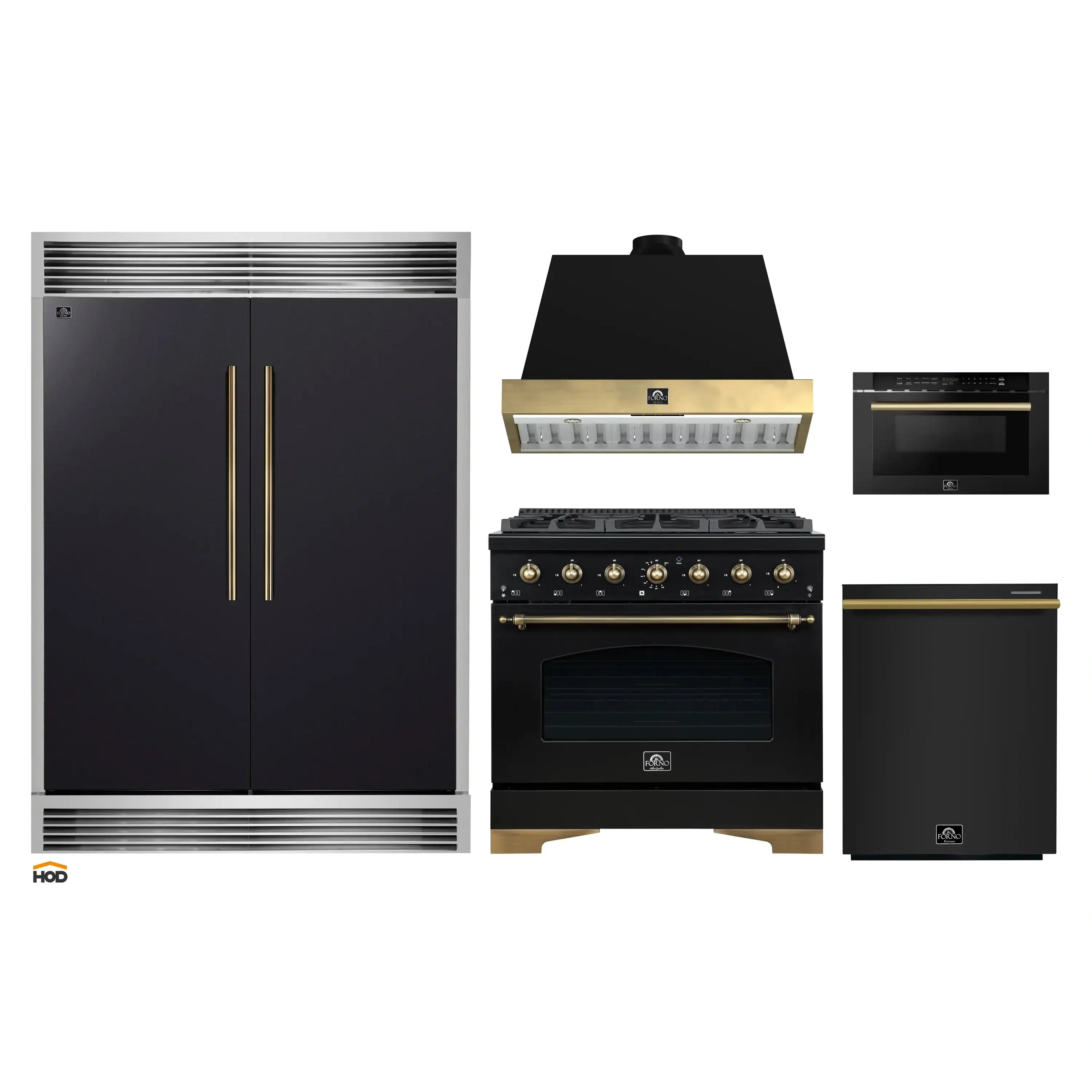 Black kitchen appliance package: refrigerator, dual-fuel range, microwave, dishwasher