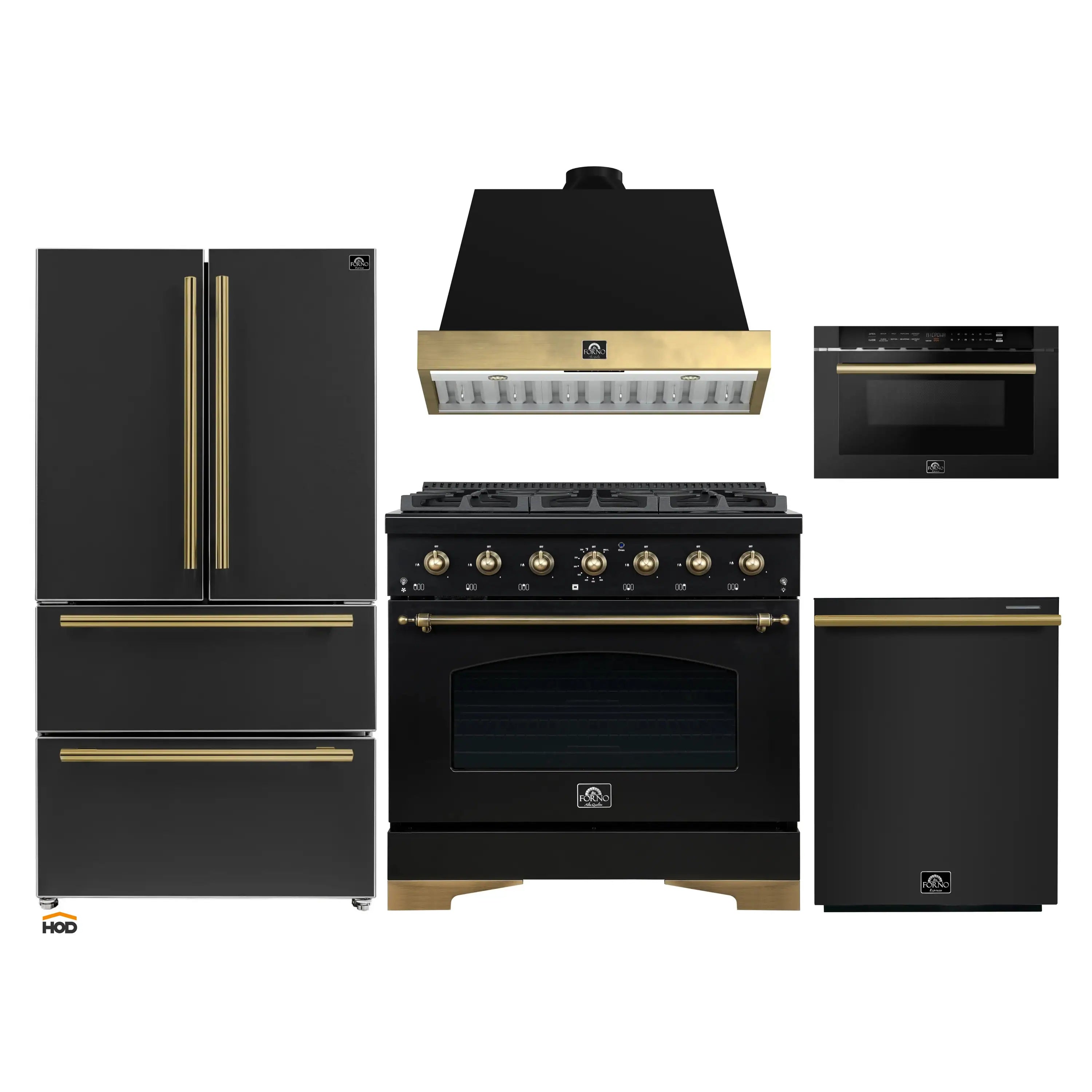 Black kitchen appliance set with antique brass trim: range, hood, fridge, dishwasher, microwave