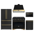 Forno Antico 5-Piece Appliance Package - 36-Inch Dual Fuel Range, 36-Inch Hood, 36-Inch Refrigerator, 24-Inch Dishwasher, & 24-Inch Microwave Drawer in Black with Antique Brass Trim