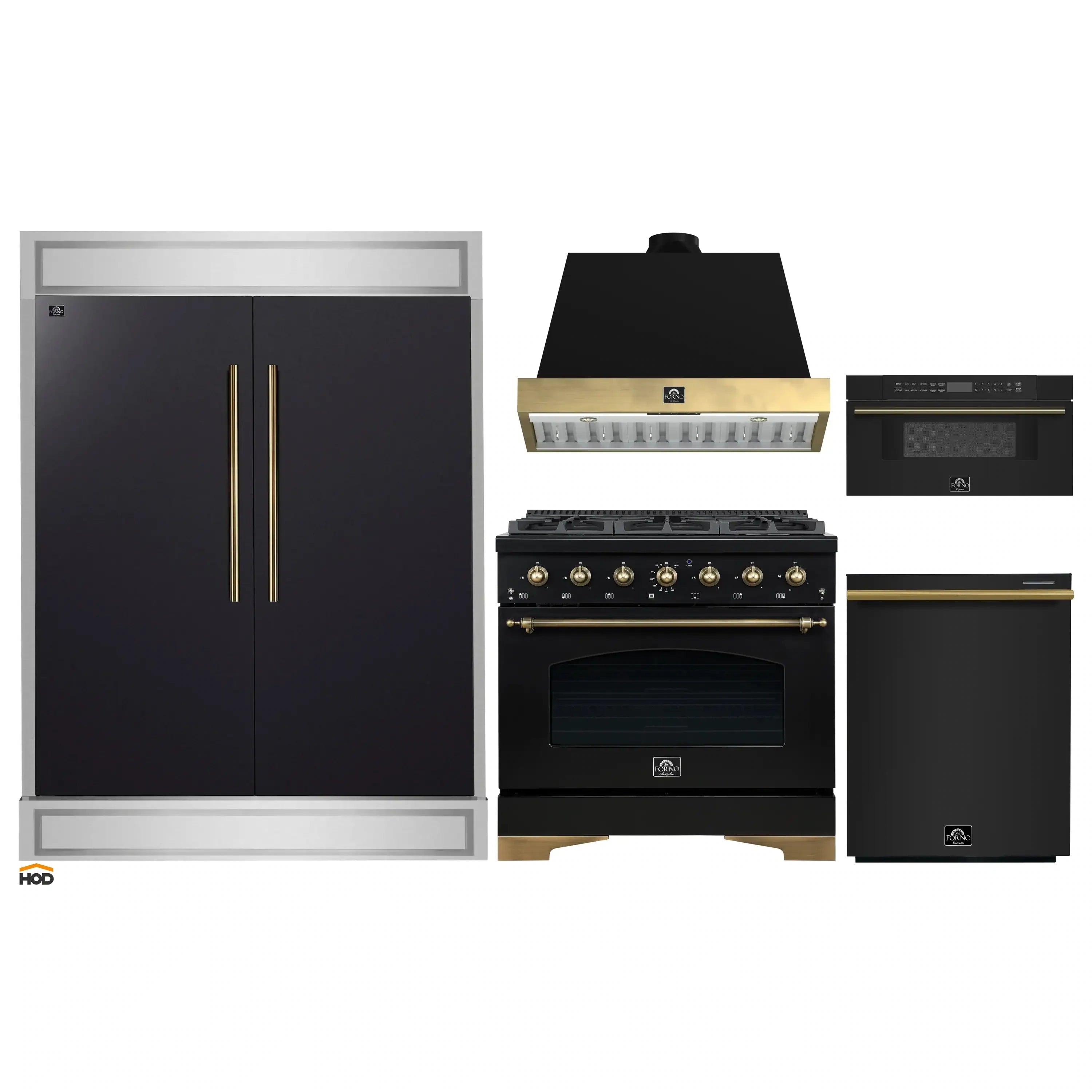 Black kitchen appliance package with dual fuel range, hood, refrigerator, and microwave drawer