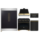 Forno 5-Piece Appliance Package - 36-Inch Dual Fuel Range, Wall Mount Range Hood, 60-Inch Convertible Refrigerator with Modern Trim, Dishwasher, and 30-Inch Microwave Drawer in Black with Antique Brass Handle