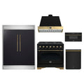 Forno 5-Piece Appliance Package - 36-Inch Dual Fuel Range, Wall Mount Range Hood, 60-Inch Convertible Refrigerator with Modern Trim, Dishwasher, and 30-Inch Microwave Drawer in Black with Antique Brass Trim