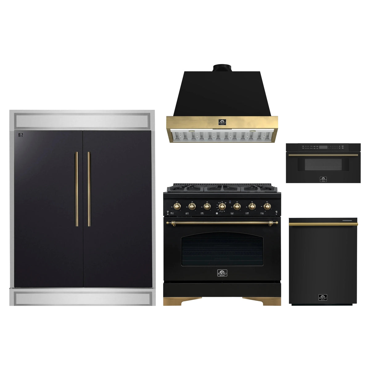 Forno 5-Piece Appliance Package - 36-Inch Dual Fuel Range, Wall Mount Range Hood, 60-Inch Convertible Refrigerator with Modern Trim, Dishwasher, and 30-Inch Microwave Drawer in Black with Antique Brass Trim