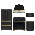 Forno Antico 5-Piece Appliance Package - 36-Inch Dual Fuel Range, 36-Inch Hood, 36-Inch Refrigerator, 24-Inch Dishwasher, & 30-Inch Microwave Drawer in Black with Antique Brass Trim