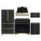 Forno Antico 5-Piece Appliance Package - 36-Inch Dual Fuel Range, 36-Inch Hood, 36-Inch Refrigerator, 24-Inch Dishwasher, & 30-Inch Microwave Drawer in Black with Antique Brass Trim