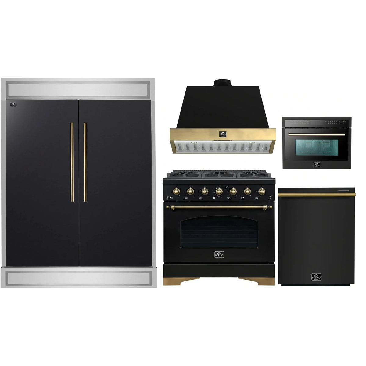 Forno 5-Piece Appliance Package - 36-Inch Dual Fuel Range, Wall Mount Range Hood, 60-Inch Convertible Refrigerator with Modern Trim, Dishwasher, and 24-Inch Microwave Oven in Black with Antique Brass Trim