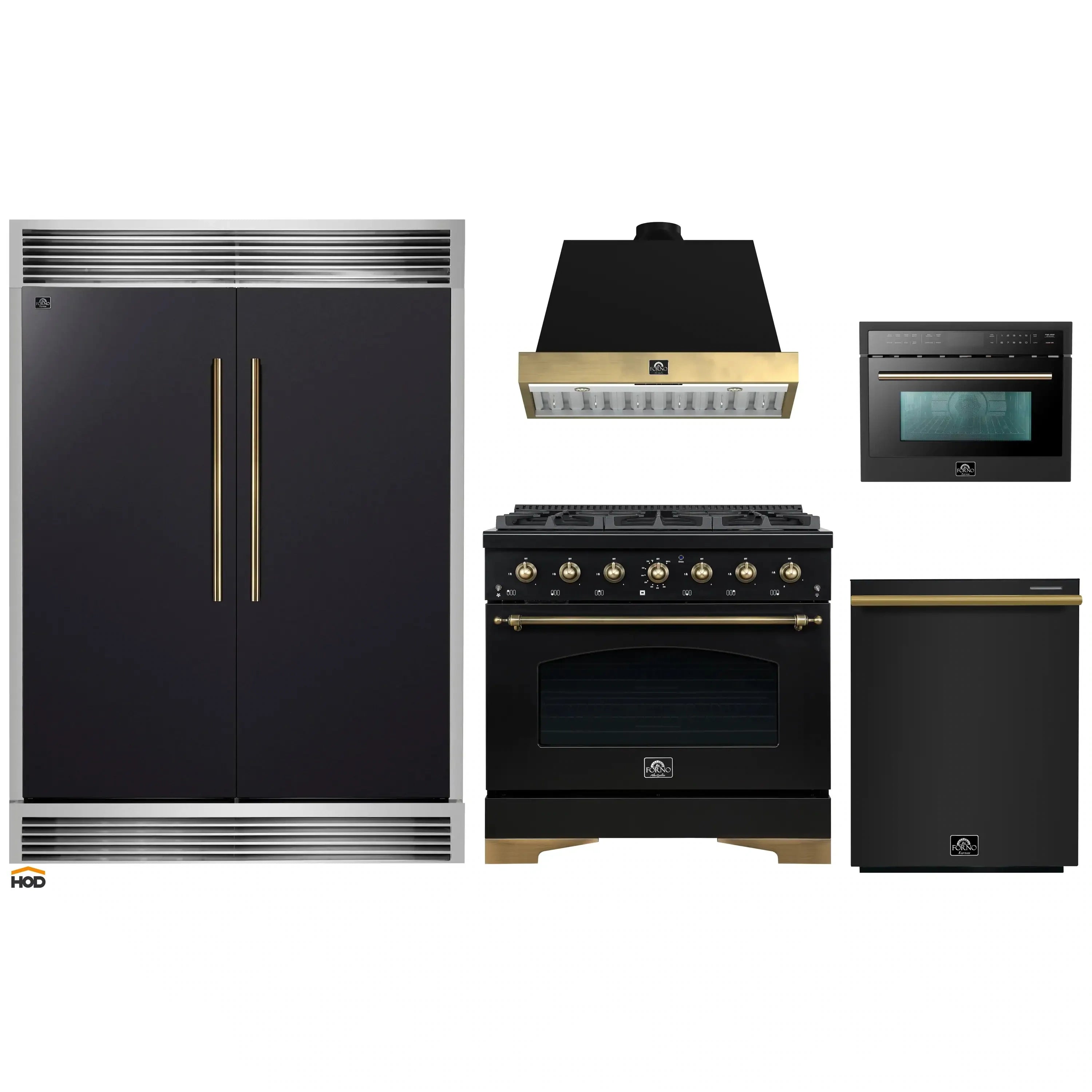 Black kitchen appliance package with refrigerator, range, hood, microwave, and dishwasher