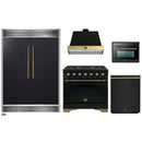 Forno 5-Piece Appliance Package - 36-Inch Dual Fuel Range, Wall Mount Range Hood, 60-Inch Convertible Refrigerator with Modern Grille Trim, Dishwasher, and 24-Inch Microwave Oven in Black with Antique Brass Handle