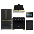 Forno Antico 5-Piece Appliance Package - 36-Inch Dual Fuel Range, 36-Inch Hood, 36-Inch Refrigerator, 24-Inch Dishwasher, & 24-Inch Microwave Oven in Black with Antique Brass Trim
