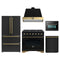 Forno Antico 5-Piece Appliance Package - 36-Inch Dual Fuel Range, 36-Inch Hood, 36-Inch Refrigerator, 24-Inch Dishwasher, & 24-Inch Microwave Oven in Black with Antique Brass Trim