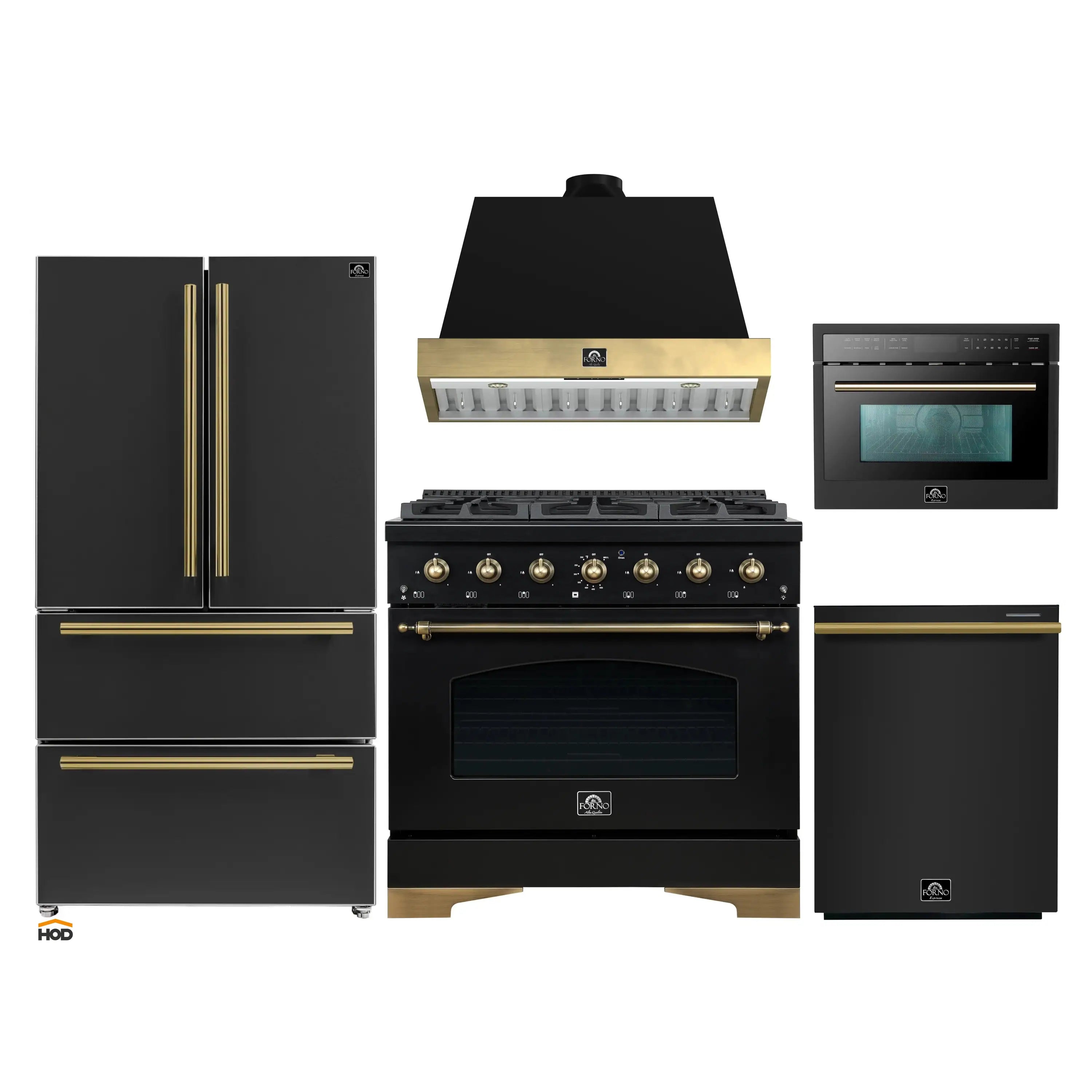 5-piece black appliance package with antique brass trim: range, hood, refrigerator, dishwasher, microwave