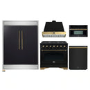 Forno 5-Piece Appliance Package - 36-Inch Dual Fuel Range, Wall Mount Range Hood, 60-Inch Convertible Refrigerator with Modern Trim, Dishwasher, and 30-Inch Microwave Oven in Black with Antique Brass Handle