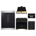 Forno 5-Piece Appliance Package - 36-Inch Dual Fuel Range, Wall Mount Range Hood, 60-Inch Convertible Refrigerator with Modern Trim, Dishwasher, and 30-Inch Microwave Oven in Black with Antique Brass Trim