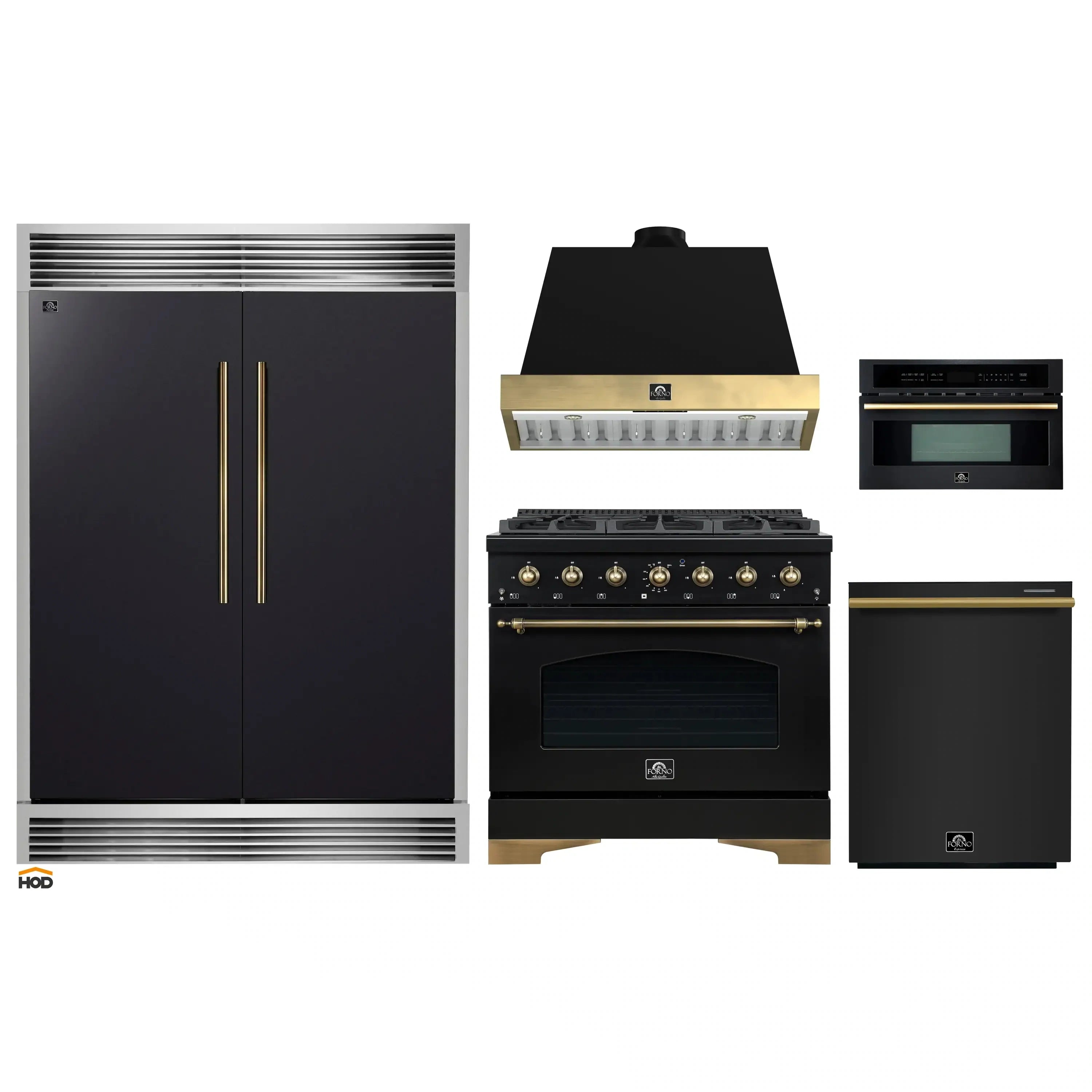 Black 5-piece appliance package featuring range, microwave, refrigerator, and hood