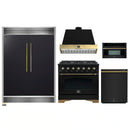 Forno 5-Piece Appliance Package - 36-Inch Dual Fuel Range, Wall Mount Range Hood, 60-Inch Convertible Refrigerator with Modern Grille Trim, Dishwasher, and 30-Inch Microwave Oven in Black with Antique Brass Handle