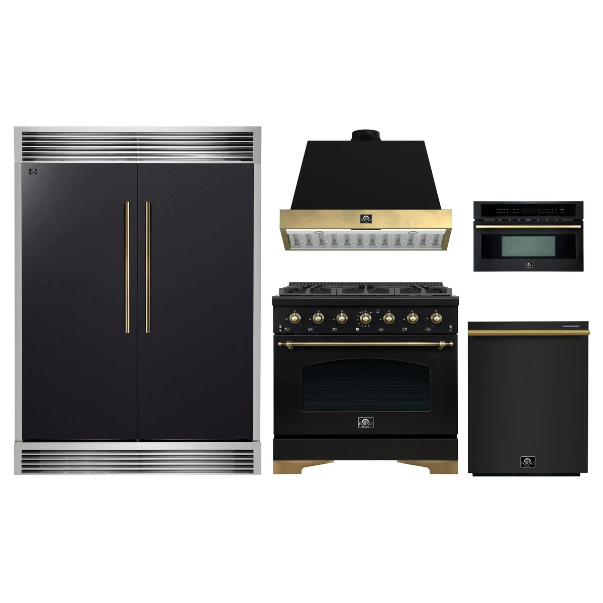 Forno 5-Piece Appliance Package - 36-Inch Dual Fuel Range, Wall Mount Range Hood, 60-Inch Convertible Refrigerator with Modern Grille Trim, Dishwasher, and 30-Inch Microwave Oven in Black with Antique Brass Trim