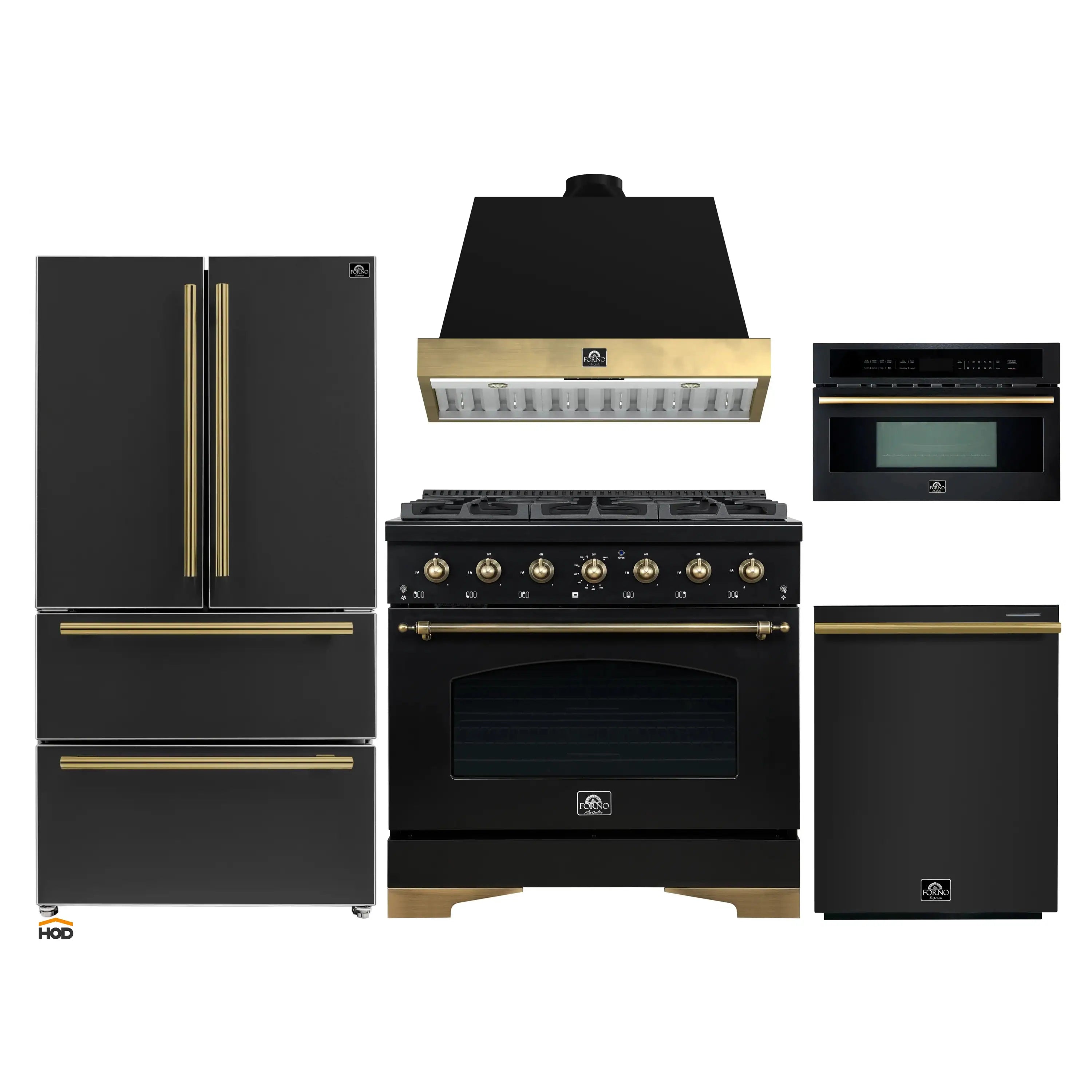 Black 5-piece kitchen appliance package with antique brass trim and screens
