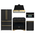 Forno Antico 5-Piece Appliance Package - 36-Inch Dual Fuel Range, 36-Inch Hood, 36-Inch Refrigerator, 24-Inch Dishwasher, & 30-Inch Microwave Oven in Black with Antique Brass Trim