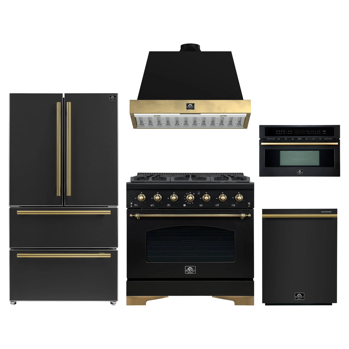 Forno Antico 5-Piece Appliance Package - 36-Inch Dual Fuel Range, 36-Inch Hood, 36-Inch Refrigerator, 24-Inch Dishwasher, & 30-Inch Microwave Oven in Black with Antique Brass Trim