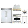 Forno 5-Piece Appliance Package - 36-Inch Antico Dual Fuel Range, Wall Mount Range Hood, 60-Inch Refrigerator, Dishwasher, & 24-Inch Microwave Drawer in White with Antique Brass Trim