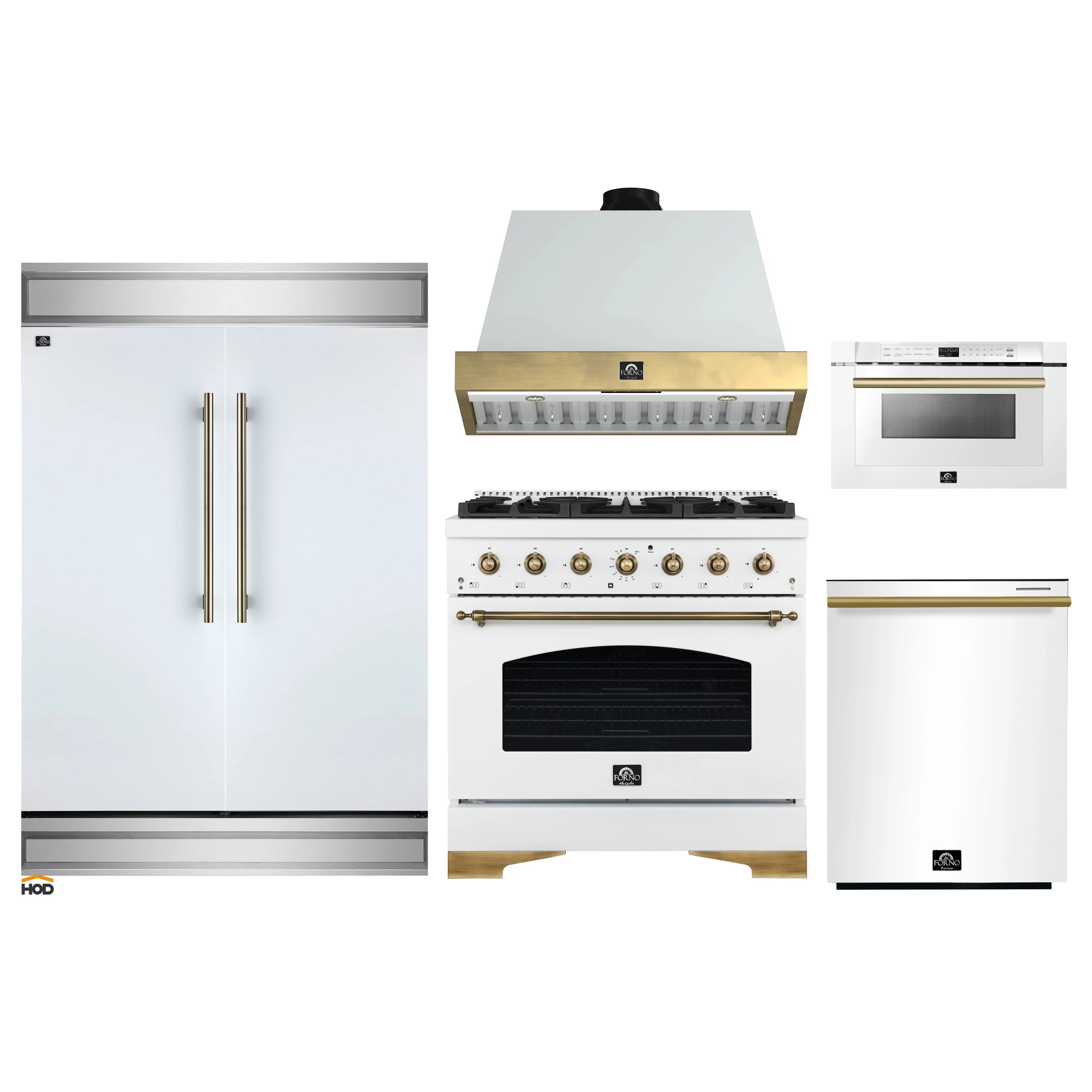Kitchen appliance set showing refrigerator, range, microwave drawer, and hood in white