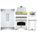 Forno 5-Piece Appliance Package - 36-Inch Dual Fuel Range, Wall Mount Range Hood, 60-Inch Refrigerator, Dishwasher, & 24-Inch Microwave Drawer in White with Antique Brass Handle