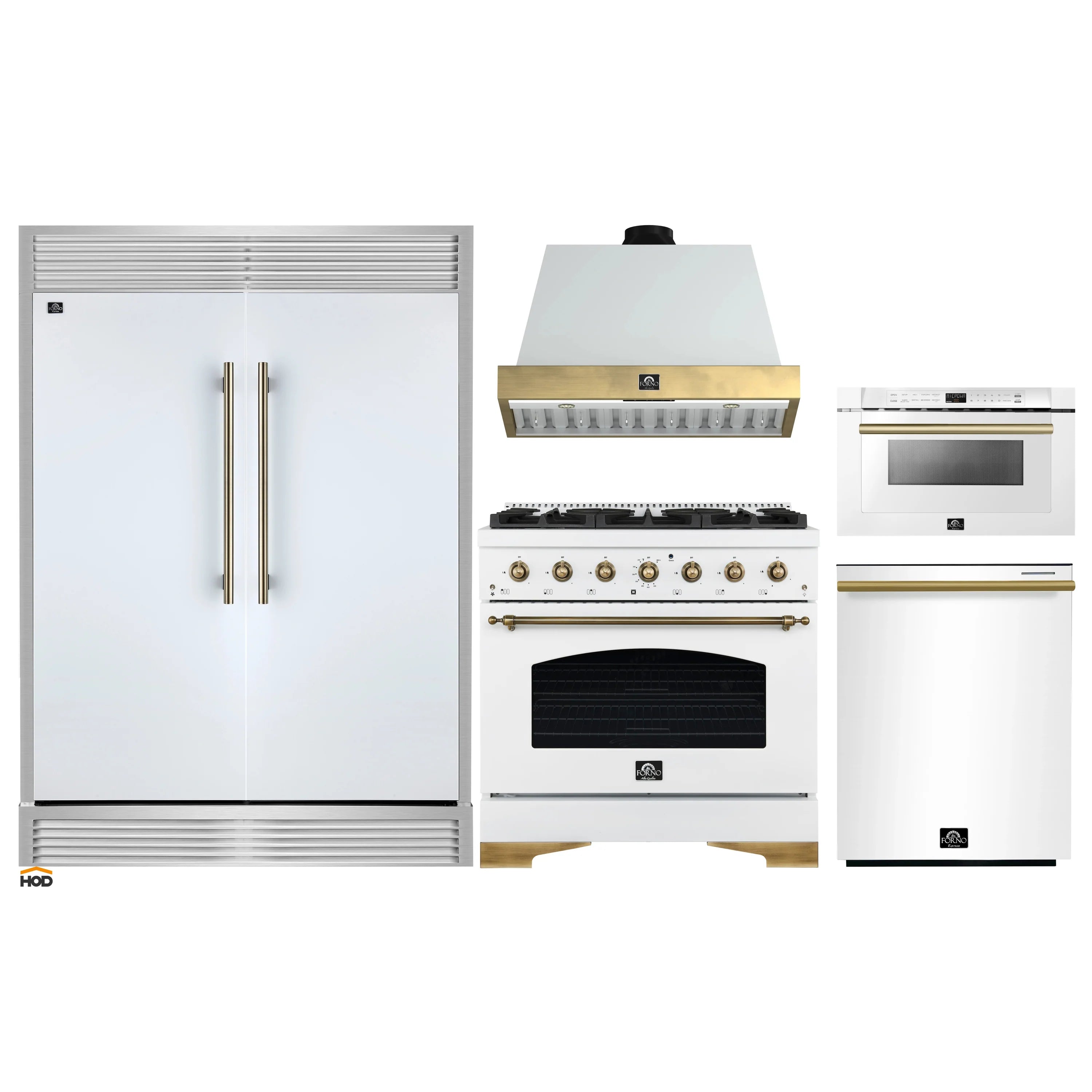 White kitchen appliance set with refrigerator, range, hood, and drawers