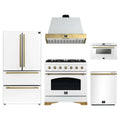 Forno Antico 5-Piece Appliance Package - 36-Inch Dual Fuel Range, 36-Inch Hood, 36-Inch Refrigerator, 24-Inch Dishwasher, & 24-Inch Microwave Drawer in White with Antique Brass Trim
