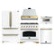 Forno Antico 5-Piece Appliance Package - 36-Inch Dual Fuel Range, 36-Inch Hood, 36-Inch Refrigerator, 24-Inch Dishwasher, & 24-Inch Microwave Drawer in White with Antique Brass Trim
