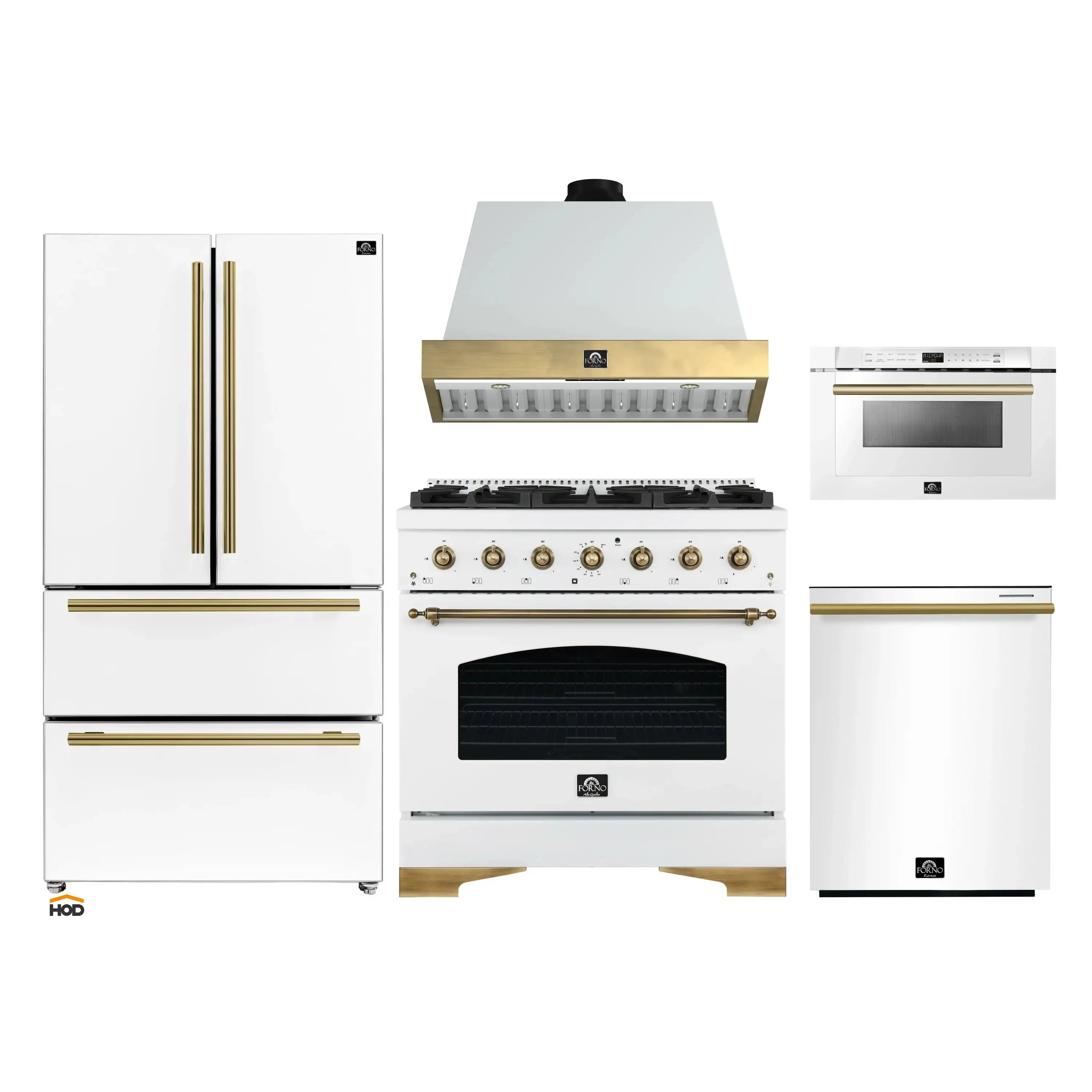 White kitchen appliance package with range, hood, refrigerator, dishwasher, and microwave drawer