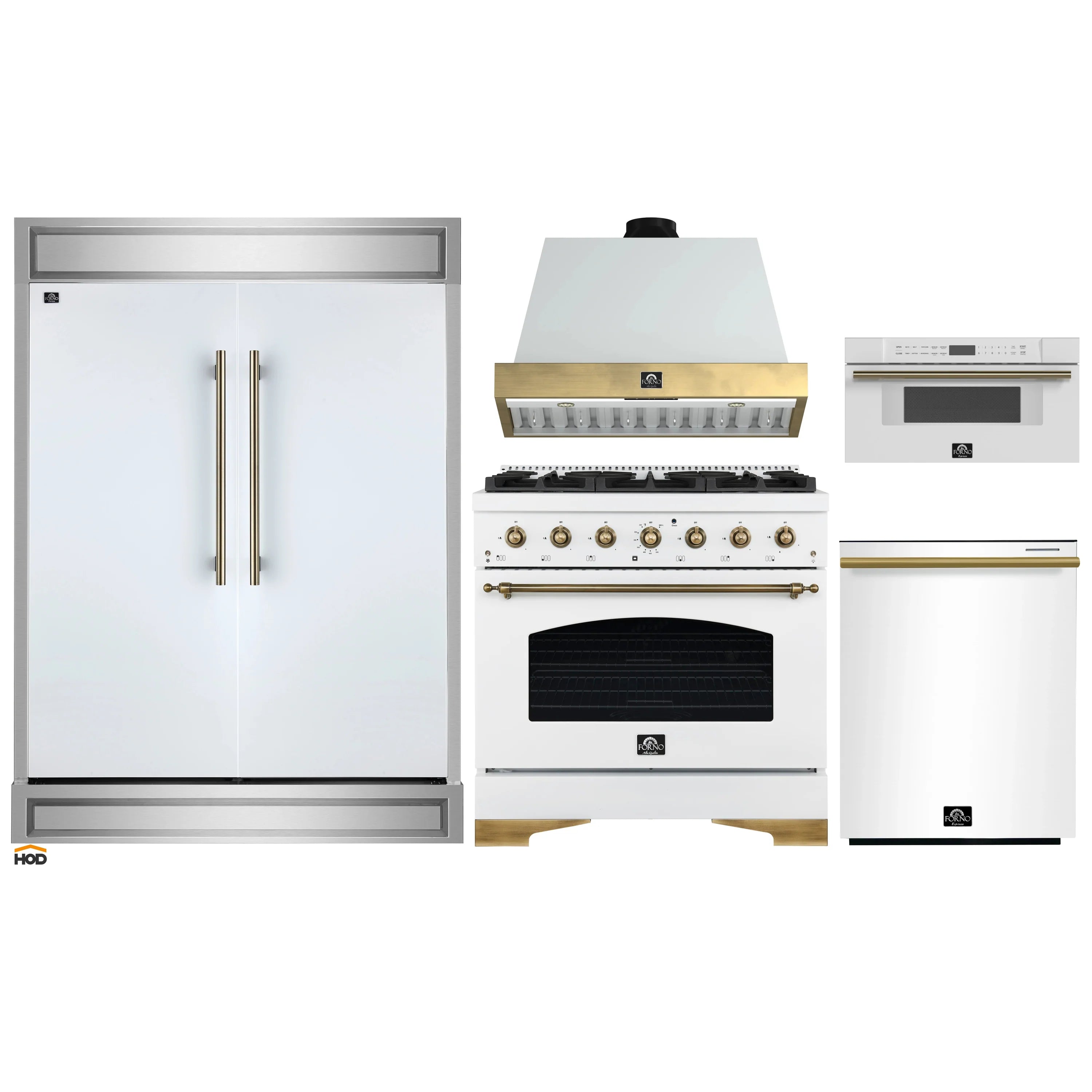 Kitchen appliance package in white with gold-tone accents: refrigerator, range, hood, microwave