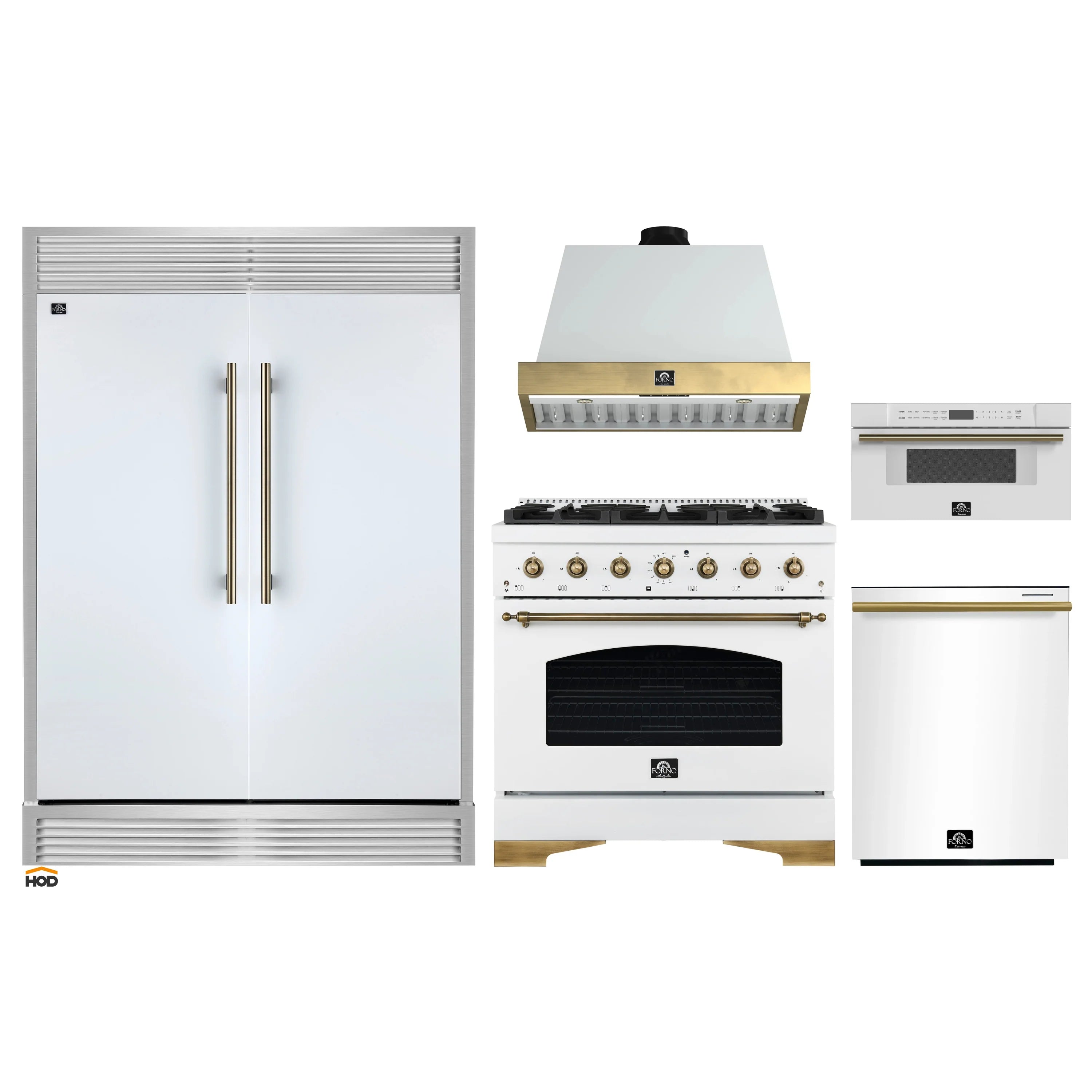 White 5-piece appliance package: range, hood, microwave drawer, fridge, dishwasher
