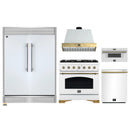 Forno 5-Piece Appliance Package - 36-Inch Antico Dual Fuel Range, Wall Mount Range Hood, 60-Inch Refrigerator, Dishwasher, & 30-Inch Microwave Drawer in White with Antique Brass Handle