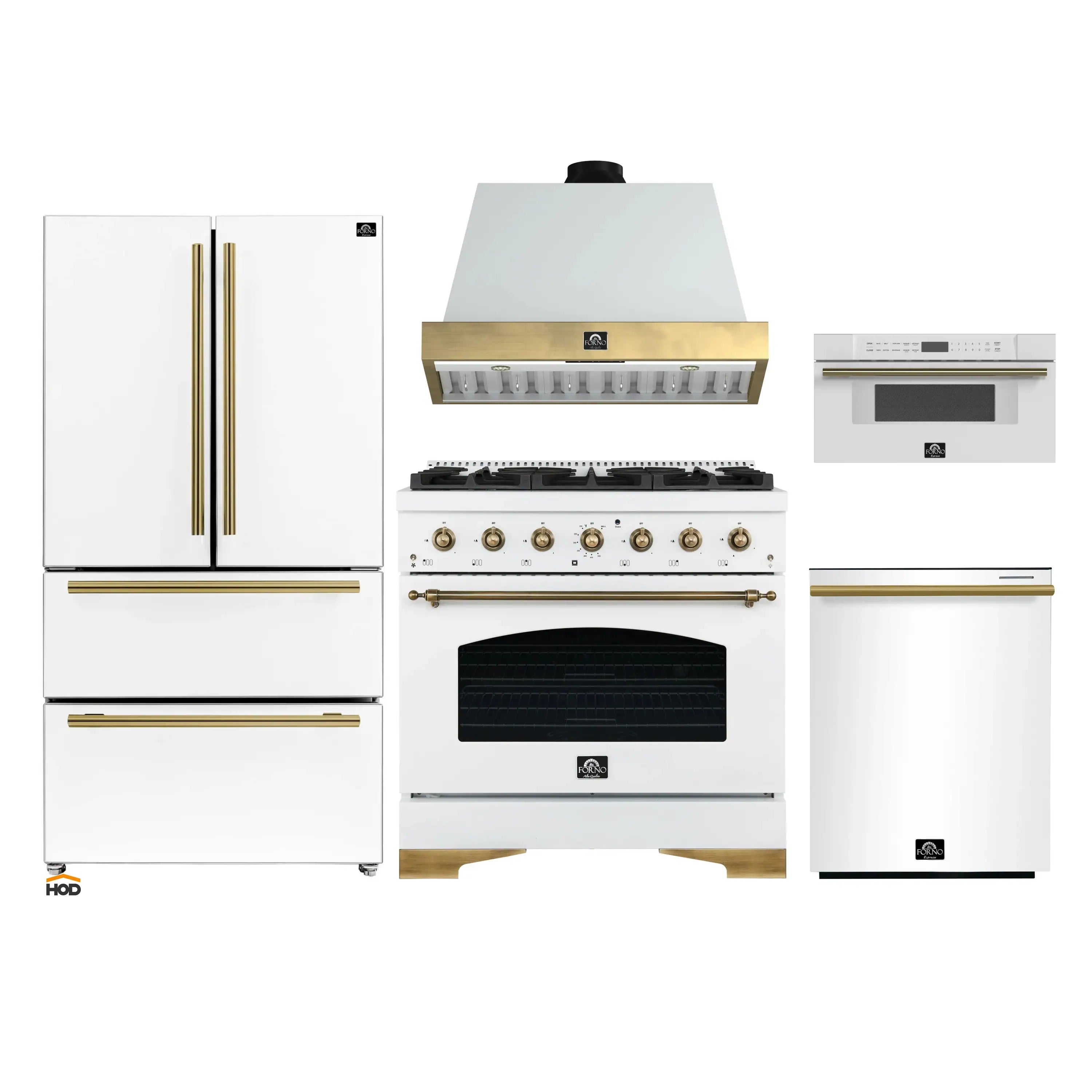 White kitchen appliance set with dual fuel range, hood, refrigerator, microwave, dishwasher