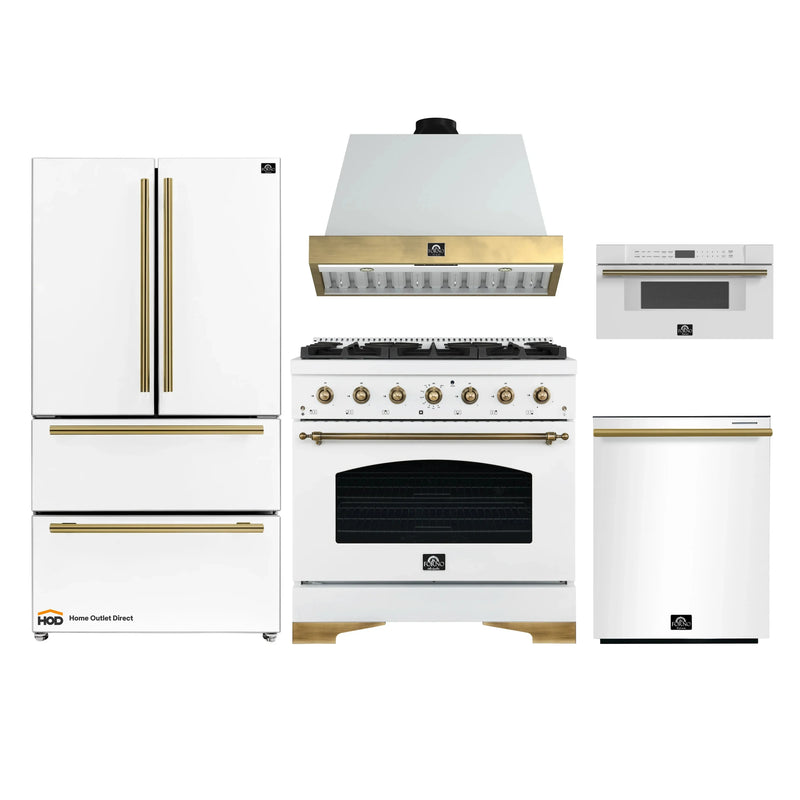 Forno Antico 5-Piece Appliance Package - 36-Inch Dual Fuel Range, 36-Inch Hood, 36-Inch Refrigerator, 24-Inch Dishwasher, & 30-Inch Microwave Drawer in White with Antique Brass Trim