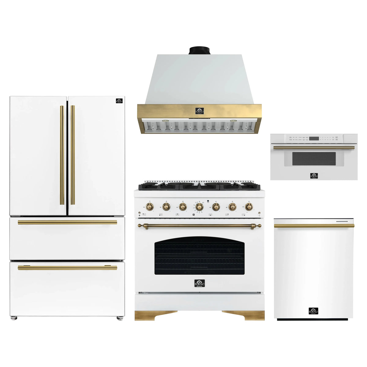 Forno Antico 5-Piece Appliance Package - 36-Inch Dual Fuel Range, 36-Inch Hood, 36-Inch Refrigerator, 24-Inch Dishwasher, & 30-Inch Microwave Drawer in White with Antique Brass Trim