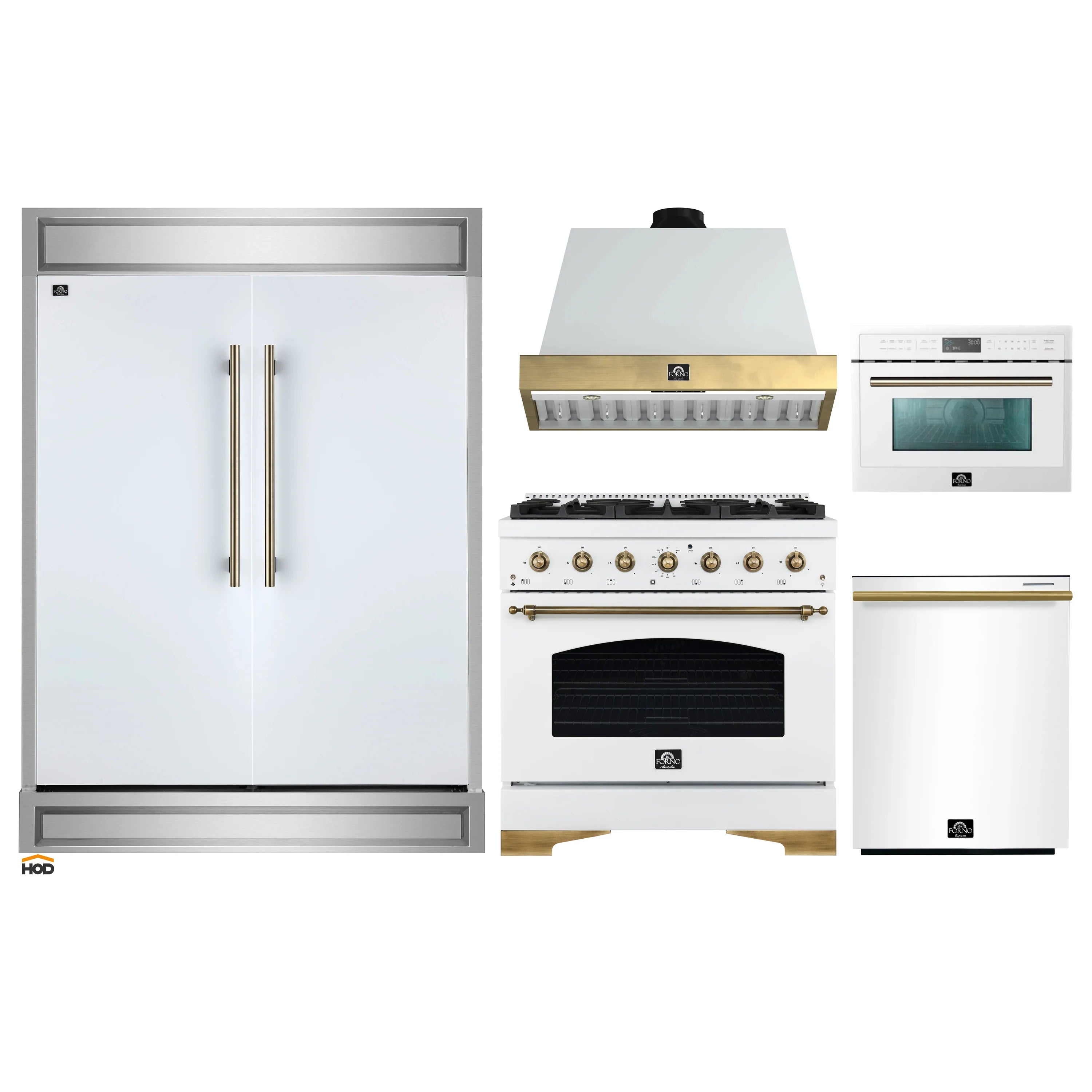 White kitchen appliance package with refrigerator, range, wall oven, and microwave