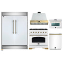 Forno 5-Piece Appliance Package - 36-Inch Antico Dual Fuel Range, Wall Mount Range Hood, 60-Inch Refrigerator, Dishwasher, & 24-Inch Microwave Oven in White with Antique Brass Handle