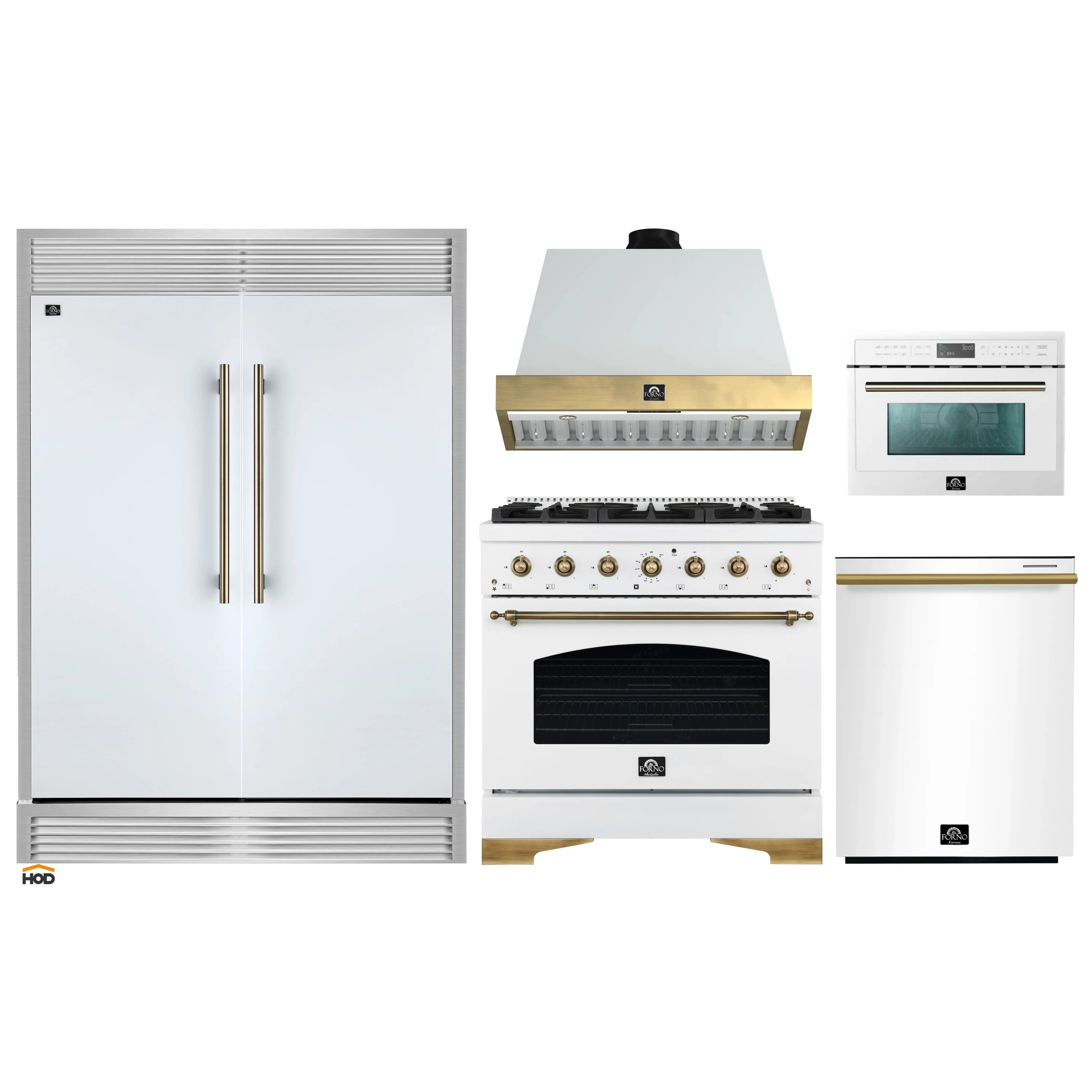 Set of white appliances: refrigerator, range, hood, and wall oven