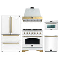 Forno Antico 5-Piece Appliance Package - 36-Inch Dual Fuel Range, 36-Inch Hood, 36-Inch Refrigerator, 24-Inch Dishwasher, & 24-Inch Microwave Oven in White with Antique Brass Trim