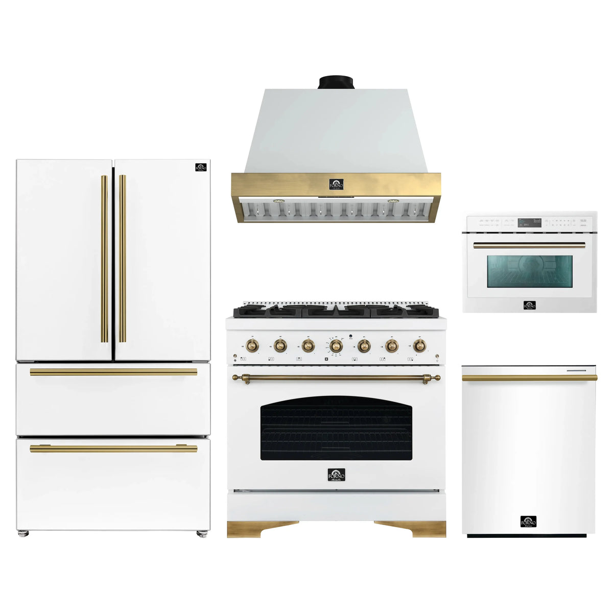 Forno Antico 5-Piece Appliance Package - 36-Inch Dual Fuel Range, 36-Inch Hood, 36-Inch Refrigerator, 24-Inch Dishwasher, & 24-Inch Microwave Oven in White with Antique Brass Trim