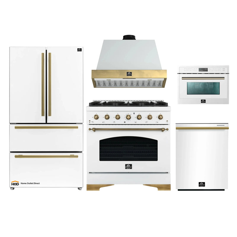 Forno Antico 5-Piece Appliance Package - 36-Inch Dual Fuel Range, 36-Inch Hood, 36-Inch Refrigerator, 24-Inch Dishwasher, & 24-Inch Microwave Oven in White with Antique Brass Trim